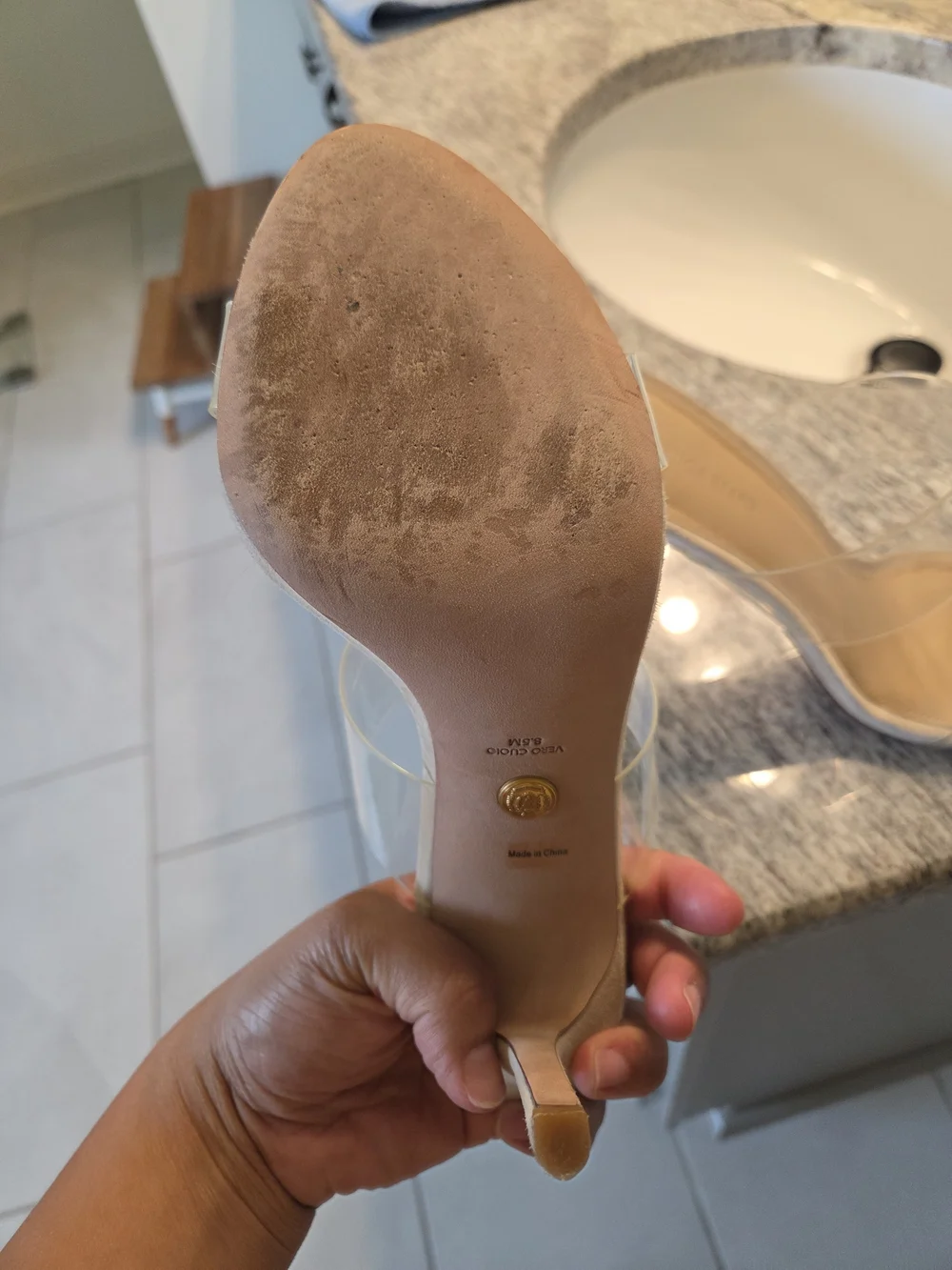 Veronica Beard Clear Strap Beige Suede Heel Sandals